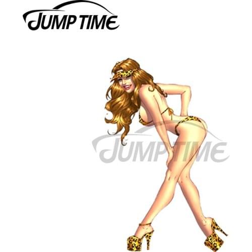 Jump Time 13 x 9.2cm For Sexy Brunettein Leopard Skin Bikini Vinyl Car Stickers Personality Decoration Windshield Windows Decal