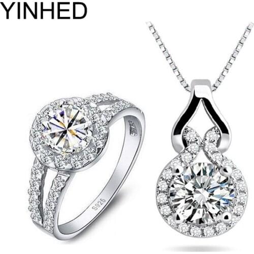 YINHED Real 925 Sterling Silver Bridal Jewelry Sets 2 Carat Cubic Zirconia CZ Wedding Ring and Pendant Necklace Set Women ZS002