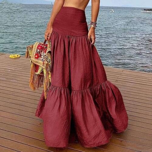 5XL Plue Size New Woman Skirts Elegant Beach Style Solid Color Large Swing and Floor Gothic Long Skirt Femme Casual Ruffle Skirt
