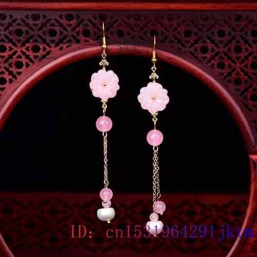 Pink Jade Flower Earrings Zircon Amulet Jewelry 925 Silver Gifts Fashion Crystal Women Charm Chalcedony Gemstone Natural