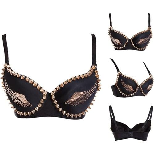 Sexy Gothic Lingerie Black / Gold Rivets & Wings Studded Bras For Women Brassiere Club Wear Punk Rock Soutien Gorge Push Up Bra