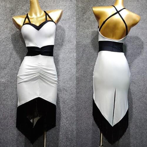 2019 New Latin Dance Dress Women Fringe Skirt Tight White Dance Dress Flamengo Tango Dress Rumba/ChaCha Latin Dresses VDB757