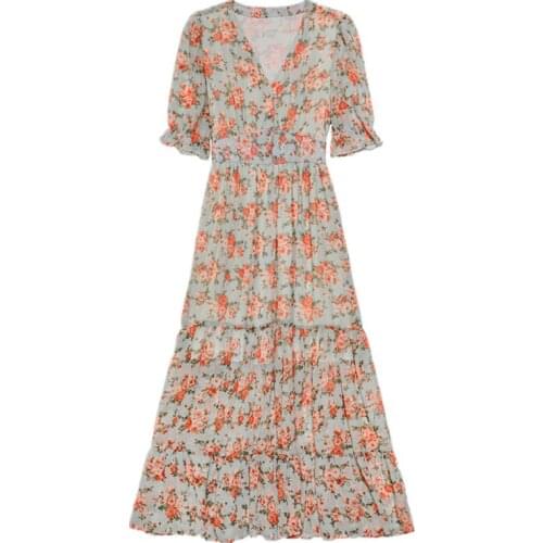 2021 New Arrival Spring Summer Women V-Neck Short Sleeve Bohemian Long Dress Beach Vacation Sweet Floral Chiffon Dress