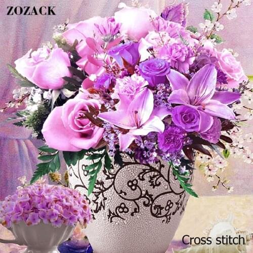 Zozack DMC DIY new living room house precision printing cotton cross stitch Kits embroidered Purple roses Flowers painting decor