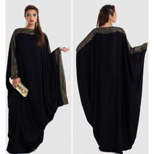 Arab Elegant Loose kaftan Moroccan Dresses Islamic Fashion Muslim Abaya Dress Womens Black Dubai Abaya Muslim Bat Sleeve Prayer