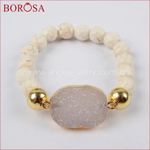 BOROSA Handcrafted Drusy Bracelets for Women,Gold Color Natural Stone Druzy With Faceted White Howlite Stone Beads Bracelet 1398