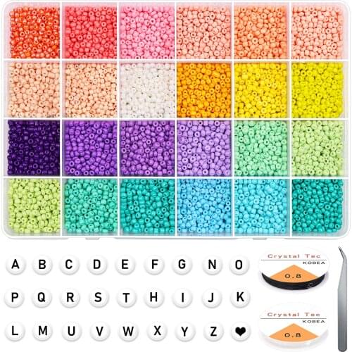 2/3/4mm Glass Seed Beads with Letter Bead Small Craft Beads with Elastic String and Tweezers for DIY Bracelet Jewelry Making