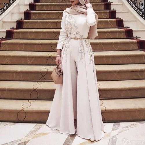 Elegant Long Sleeve Muslim Jumpsuit Evening Dresses 2021 Appliqued Islamic Dubai Hijab Women Formal Event Gowns Prom Party Dress