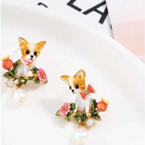 Jaeeyin 2021 Fashion Jewelry Animal Dog Earrings, Fresh Water Pearl Dangle Small Flower Cute Gift For Children Women Girls