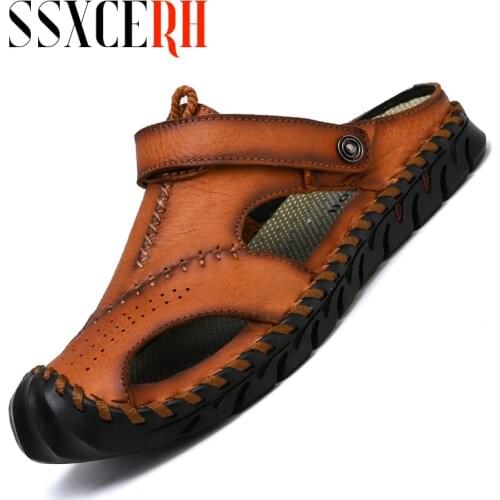 Classic Mens Sandals Summer Top Layer Cowhide Men Sandals Soft Mens Round Toe Beach Sandals Slip-on Men Shoes Big Size 38-48