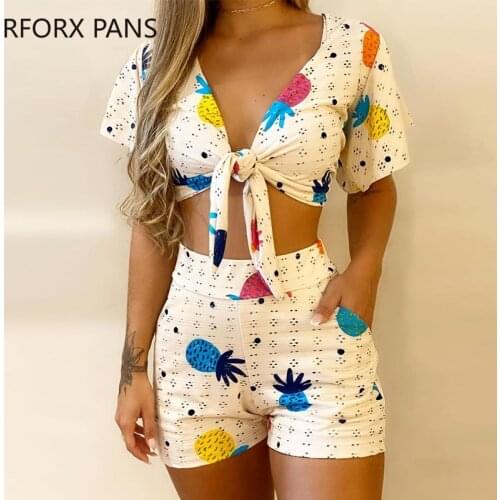 V-Neck Tie Chest Print Two-Piece Set & Shorts Sets Summer suit