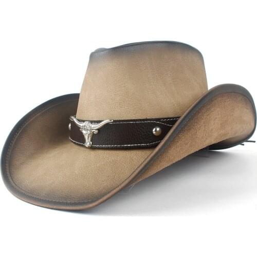 2019 New Leather Cowboy Cowgirl Hat Bull Head Leather Band Decor Men Women Large Brim Jazz Cap