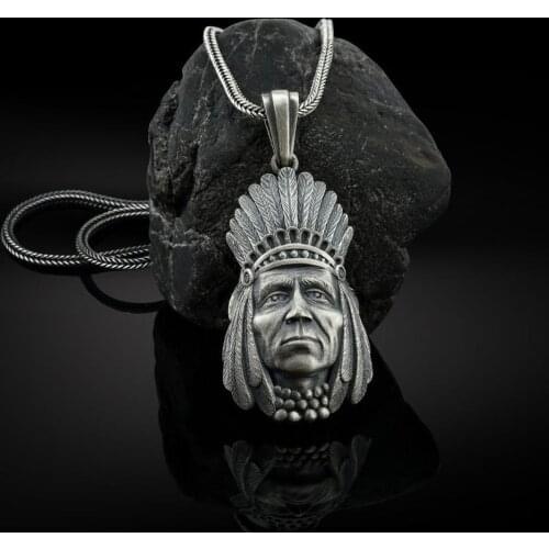 Indian Warrior Pendant Ethnic Style Retro Chief Three-dimensional Necklace Accessories Mens Long Sweater Chain Necklace