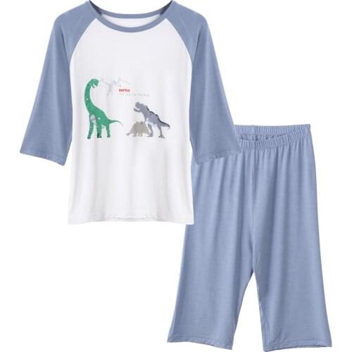 Oyolan Boys Summer Pajamas Sets 3/4 Sleeves Dinosaur Costume Kids T-shirt Trousers Outfit Leisure Suit Toddler Pjs Home Clothes