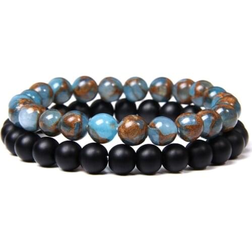 Trendy Cloisonne 2Pcs/Set Natural Stone Bracelets Set Black Onyx Agates Beaded Bracelets For Women Men Bangles Handmade Jewelry