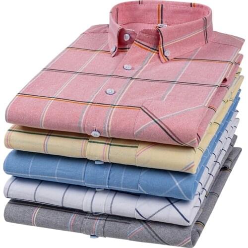 S-6XL Mens Oxford Plaid Casual Dress Shirt For Men Long Sleeve Front Patch Chest Pocket Regular-fit Button-down Thick Work Shirt