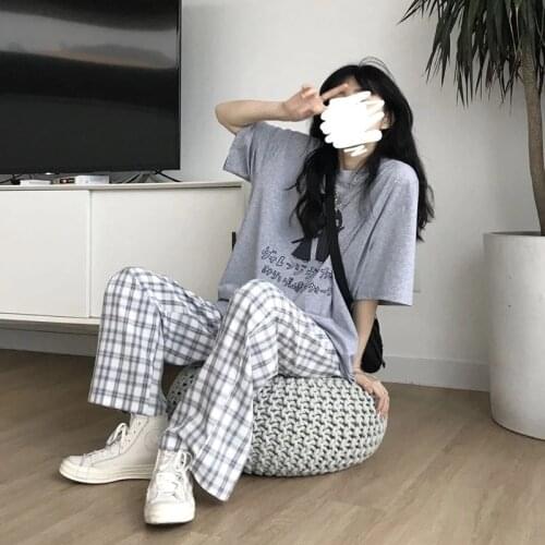 2021 Spring New Plaid Sports Ins Casual Straight Pants Female Students Korean Version Loose And Thin Wide-Leg Pants Trend