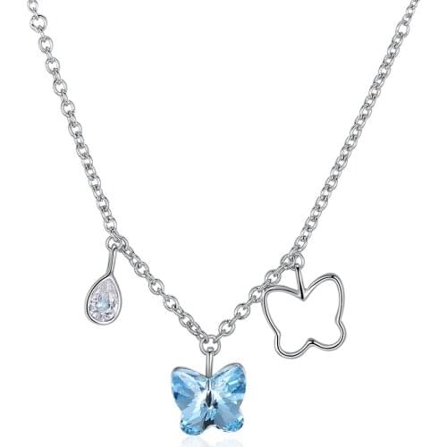SILVERHOO 925Sterling Silver Pendant Necklaces Butterfly Romantic Round Austria Crystal And Clear Cubic Zirconia Female Necklace