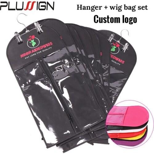 Plussign 20 Sets Custom Logo Wig Bag Non Woven Fabric Wig Storage Bag With Zipper Wig Storage Bag With Hanger For Hairpiece