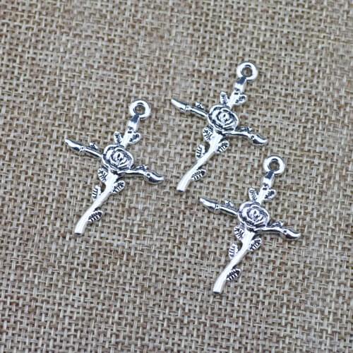 10 Pieces 24*35mm Antique Silver Color Cross Flower Wicca Charms Pendant Keychains Accessory For DIY Jewelry Making
