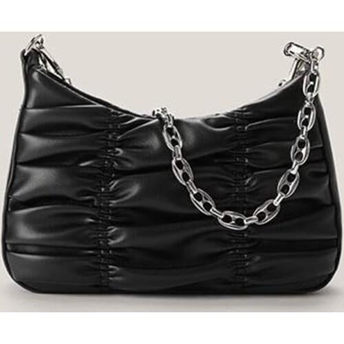 Portable Solid Color Pleated Shoulder Underarm Bag Women Fashion PU Leather Thin Metal Chain Handle Purse Street Travel Handbags