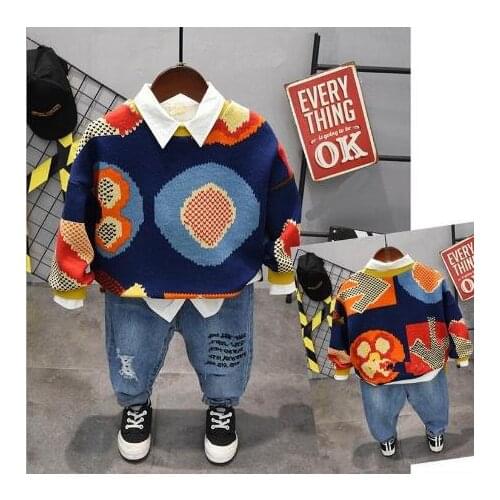 Childrens Long-sleeved Knitwear Suit Cotton Sweater + shirt + Jeans Boys' Wear 3 Sets of Boys Suit Clothing 2-6 Years old