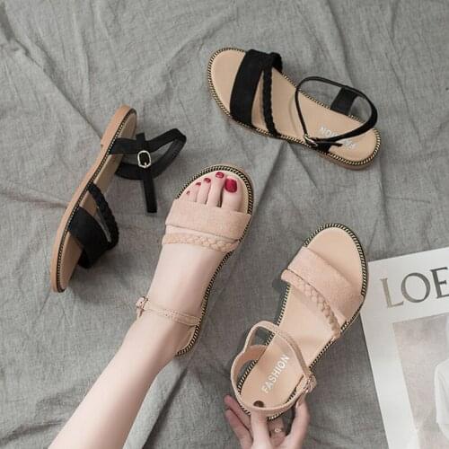 Simple Students Womens Sandals Flat Peep Toe Buckle Suede New Summer Shoes Black Beige B62