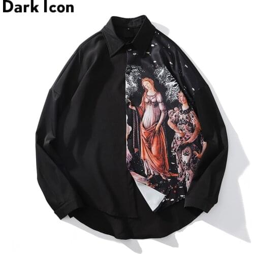 Dark Icon Printed Long Sleeve Shirts Men 2020 Oversized Mens Shirts Streetwear Mens Shirt