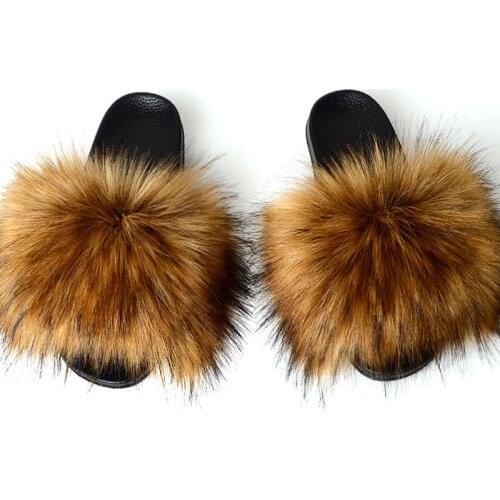 Faux Fox Hair Slippers Women Fur Raccoon Fluffy Sliders Winter Sweet Women Shoes Flats Large Size45 Wholesale Sandals Flip Flops
