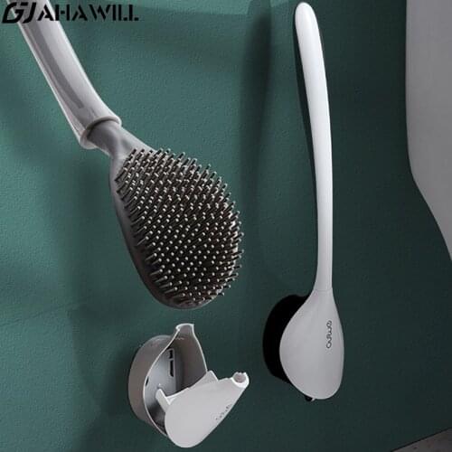 AHAWILL Silicone Brush Head Toilet Brush Wall-mounted No Dead Ends Long Handle Bathroom Accessories Household Cleaning Tools