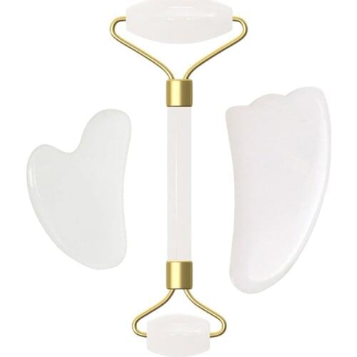 White Jade Face Massage Roller Gouache Scraper Set Natural Gouache Stone Roller Massager For Face Gua sha scraper Massage Tools
