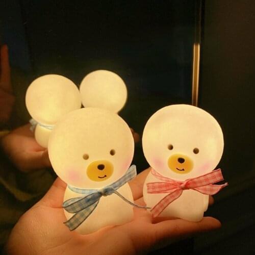 Cute Bear Puppy LED Night Light with Ribbon Bow Cartoon Animal Nursery Battery Powered Portable Bedside Lamp for Kids Children