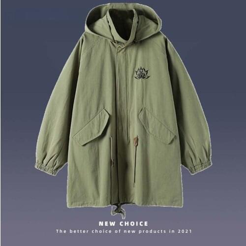 Autumn Men Trench Coat Gothic Lotus Embroidery Hooded Windbreaker Hip-Hop Fashion Men And Women Zipper Long Trench Coat Jackets