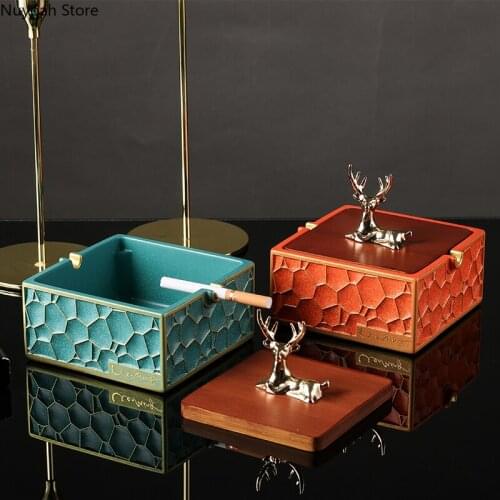 European-style High-end Golden Elk Ashtray Creative Home Living Room Coffee Table Anti-fly Ash Ornaments Square Ashtray Gift
