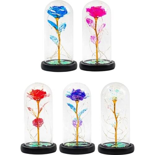 Eternal Gold Foil Rose in Glass Dome LED Light Three Leaf Gold Foil Rose Night Light Birthday Christmas Valentines Day Gifts