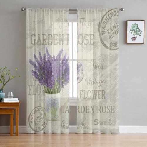 Purple Flowers Lavender Vintage Postcard Tulle Curtains for Living Room Bedroom Decor Chiffon Sheer Voile Kitchen Window Curtain