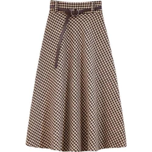 New women fashion geometric print casual vintage office skirts with belt plus size