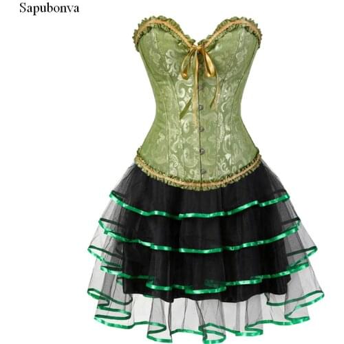 Sapubonva burlesque corset and skirt set plus size halloween costumes victorian corset dresses party floral fashion sexy green