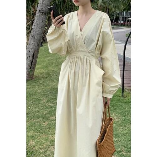 Casual Dresses For Women 2021 Summer Fashion High Waist V-neck Solid Long Sleeve Elegant Loose Lady Robe Vintage Womens Dress
