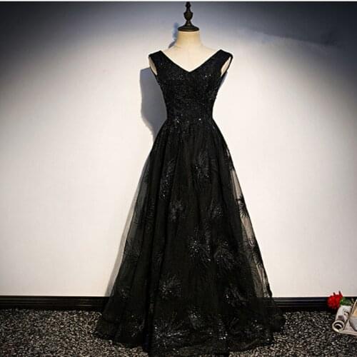 Robe De Soiree A-line Black Evening Dresses Long Dress Formal Dress Vestido De Festa Sexy V-neck Beading Evening Dress 2020