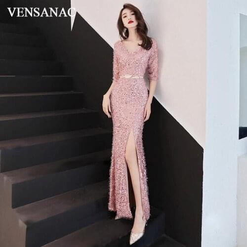 VENSANAC Sexy V Neck Split Sequined Mermaid Long Evening Dresses Party Half Sleeve Backless Prom Gowns