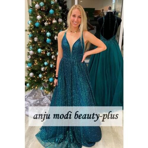 2021 Long Sequin Teal Prom Dresses V Neck Spaghetti Straps Backless Formal Evening Party Gowns Robe De Soiree