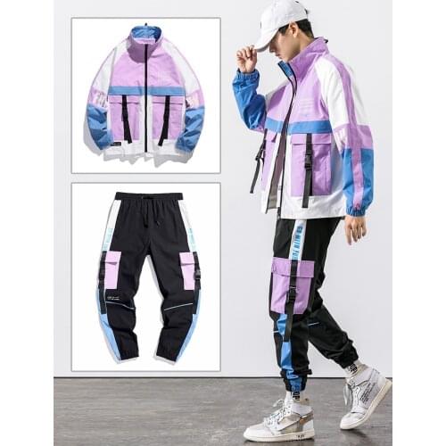 2021 Hip Hop Workwear jacket Mens Tracksuit Jacket+Pants 2PC Sets baseball loose Zipper Ribbons Coat & Long Pants Mens Clothes