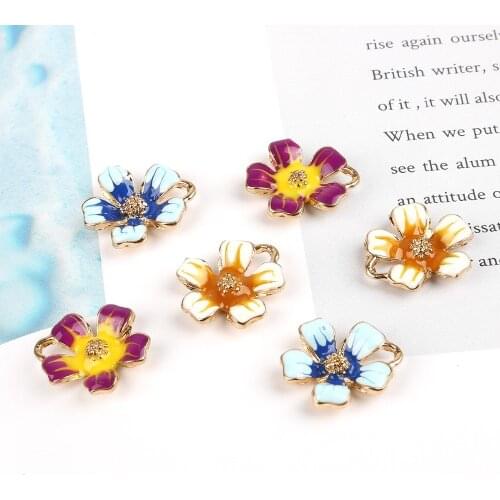 6Pcs/Lot 15mm gold color Enamel Flower Metal Charms for Earring Necklace Fashion Jewelry Findings Making