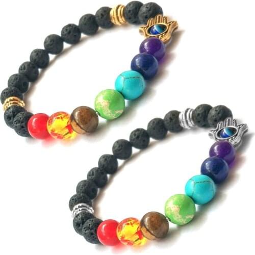8mm Seven Chakra Beaded Bracelet Evil Eye Palm Black Lava Stone DIY Aromatherapy Essential Oil Diffuser Bracelet Women Jewelry