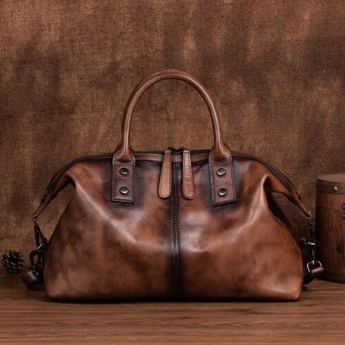 Brand Luxury Womens 100% Leather High-capacity Handbag Designer Brown Large Retro Ladies Classic Messenger Boston Shoulder Bag