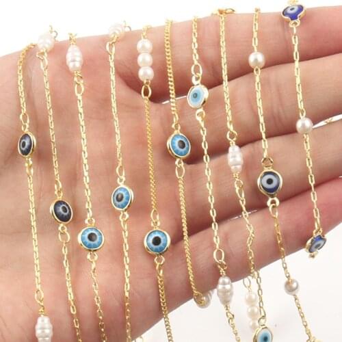 1M Gold Color Stainless Steel Devils eyes Pearl Beads Chains for Bracelets Necklace Ankles Jewelry Making DIY Accessories