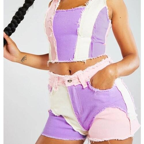 Women Patchwork Denim Shorts With Tassel Pockets Streetwear Color Block Stitching Lady Hips Sexy Nightclub Rave Jeans Shorts