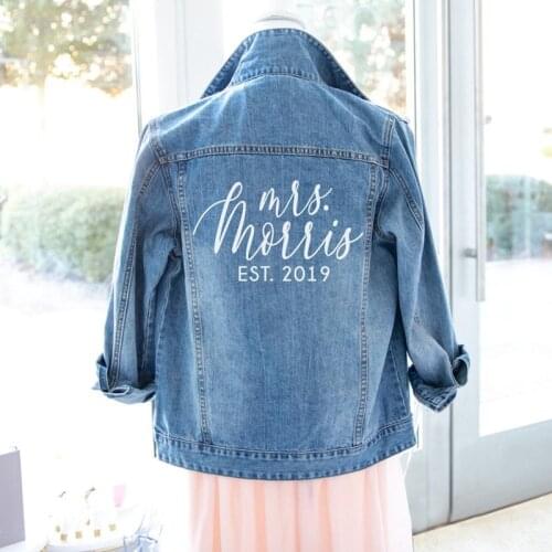 Custom Last Name & Roman Numeral Date Denim Jacket (Middle of Back) // Bachelorette Trip Honeymoon Bridal Shower demin jackets