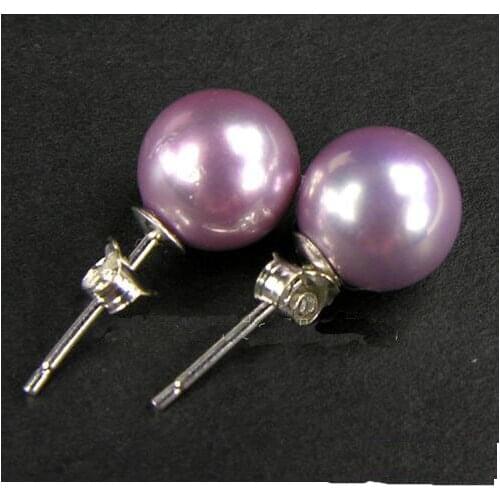 Hot Sale 8MM Purple Color Round Sea Shell Pearl Stud Stick Earrings S925 Stering Silver Fine Jewelry Nice Lady Gift